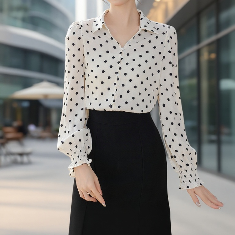 여성 고급감 브이넥 흑백 웨이브 긴팔 셔츠 전면 이미지