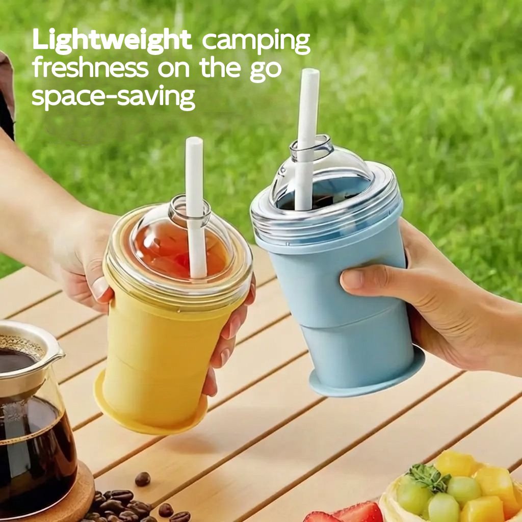 Portable folding ice hockey cup with straw
