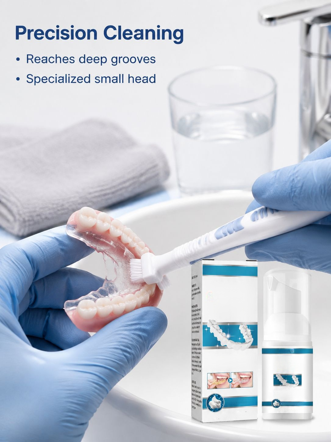 EELHOE Denture Care Kit components arranged on bathroom counter