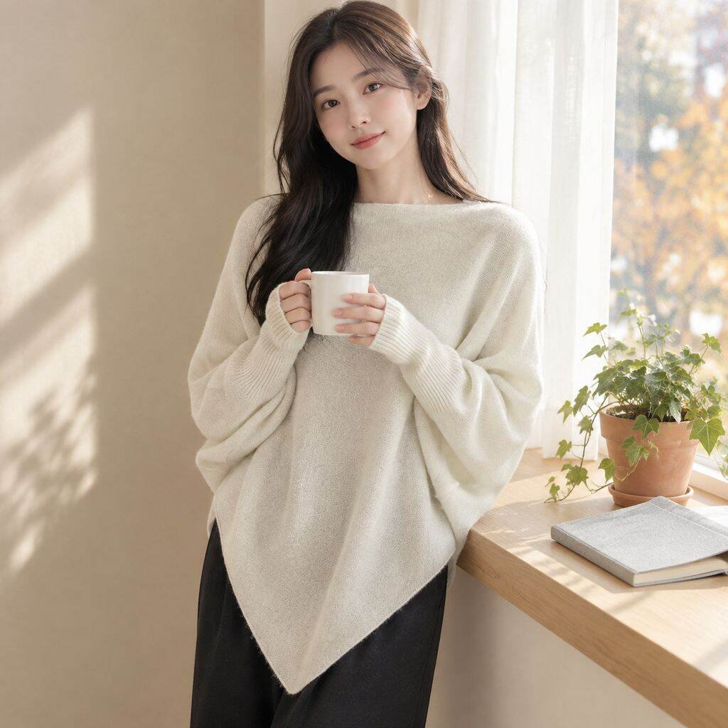 여성용 경량 롱 비대칭 배트윙 슬리브 스웨터