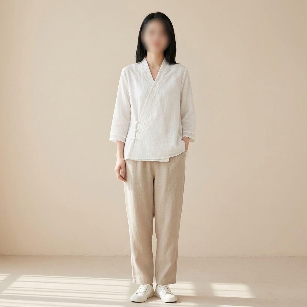 ゆったり紐付き 上品刺繍 チャイナボタン切り替え 七分袖トップス