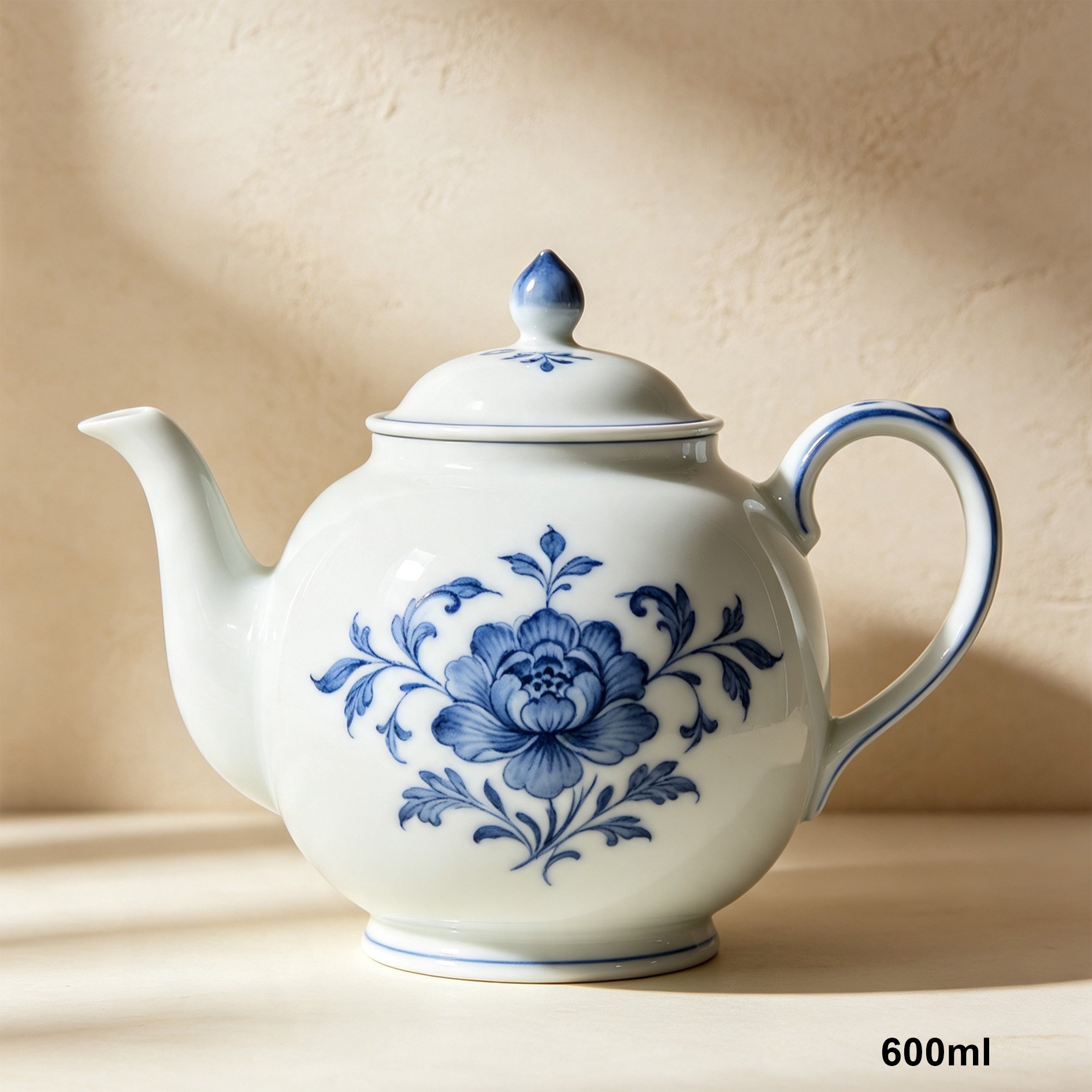 Porcelain teapot with peony motif and curved spout