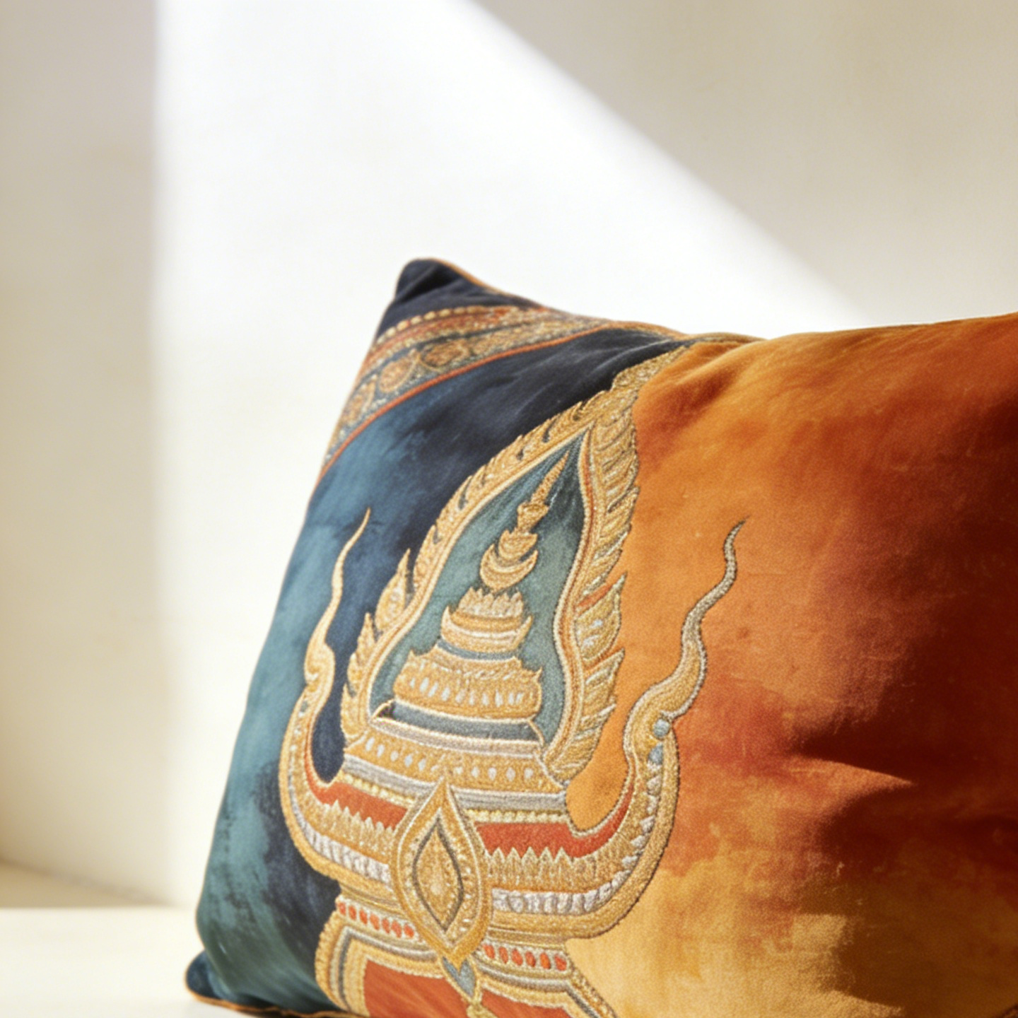 Detalle de la textura suave del cojín de terciopelo