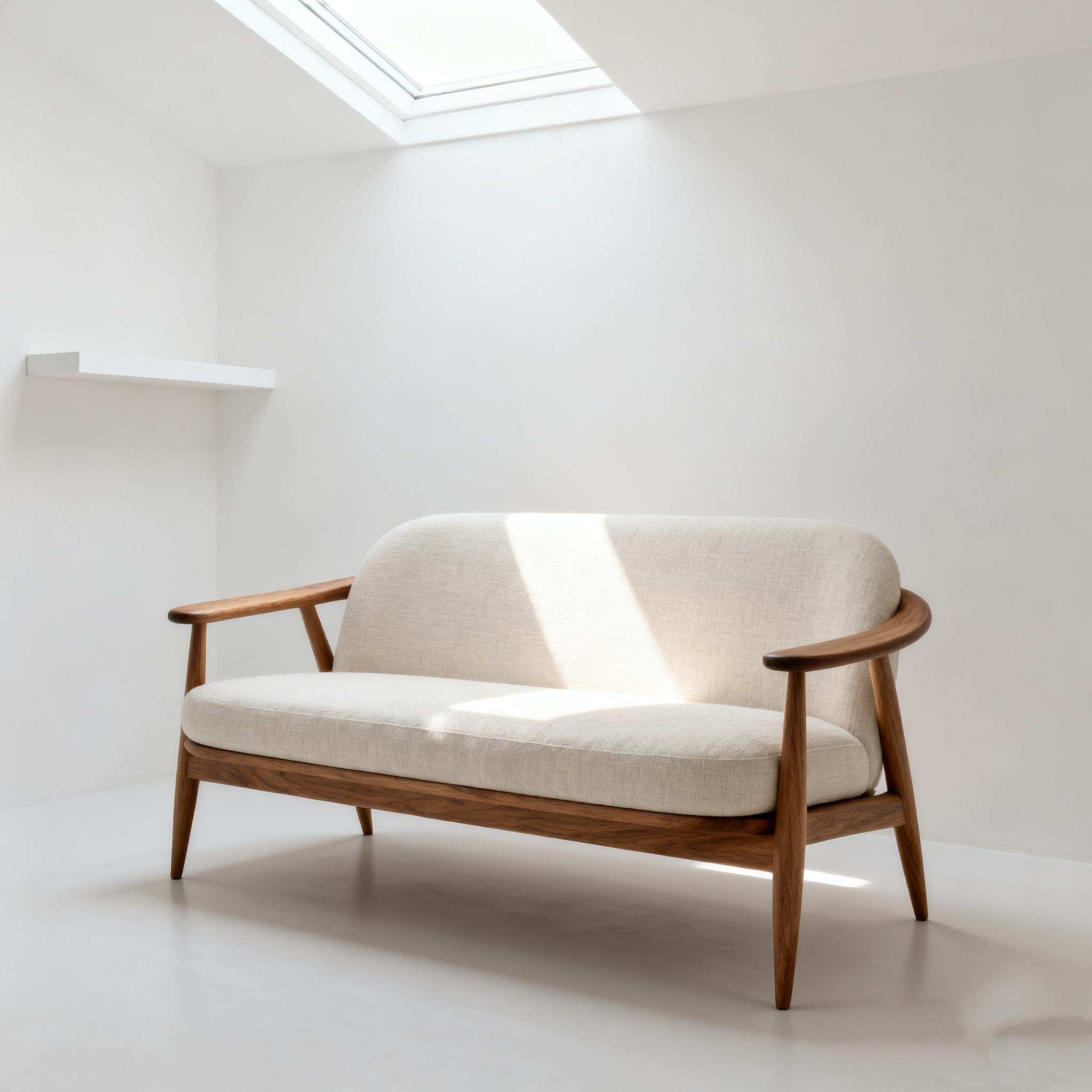 Sofá para dos personas blanco con base de madera y cojín suave //