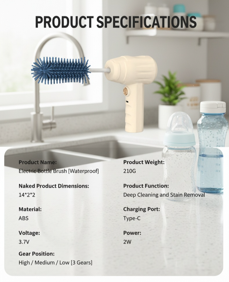 Electric bottle brush for kitchen cleaning