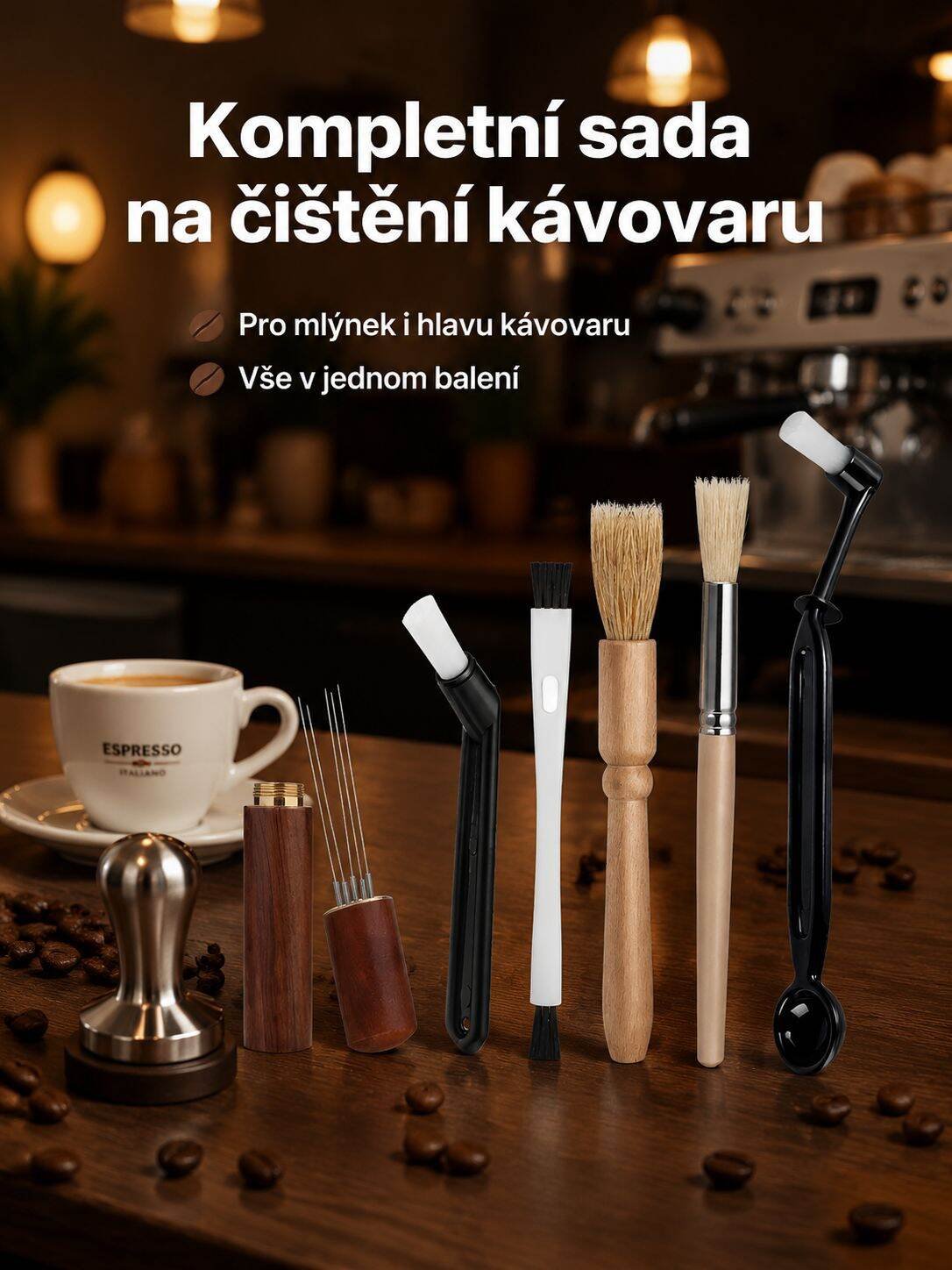 Sada 6 kartáčů na čištění kávovaru a mytí šálků