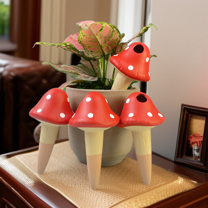 レッド陶器なまけもの自動給水器4号 4色キノコ自動給水陶器