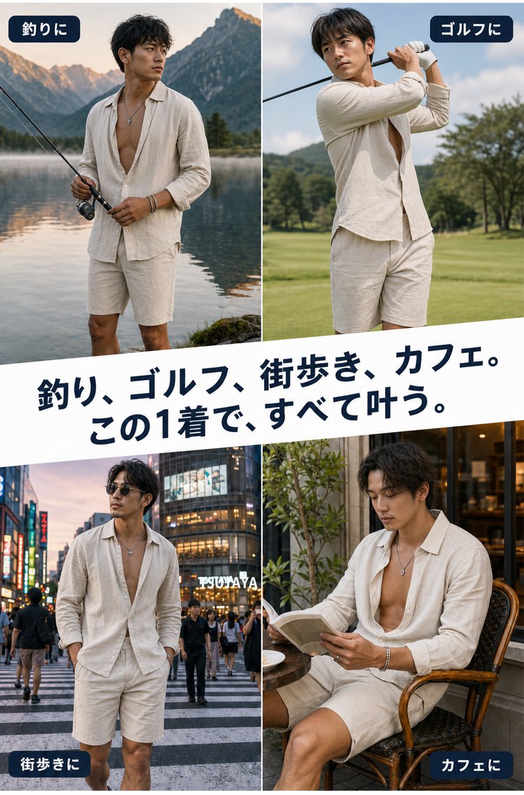 メンズリネン長袖シャツ+ショートパンツセットアップ - detail 23