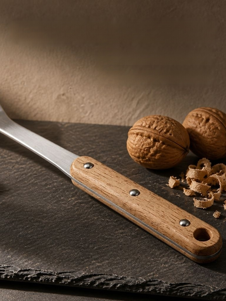 Comfortable wooden handle on a stainless steel kitchen spatula