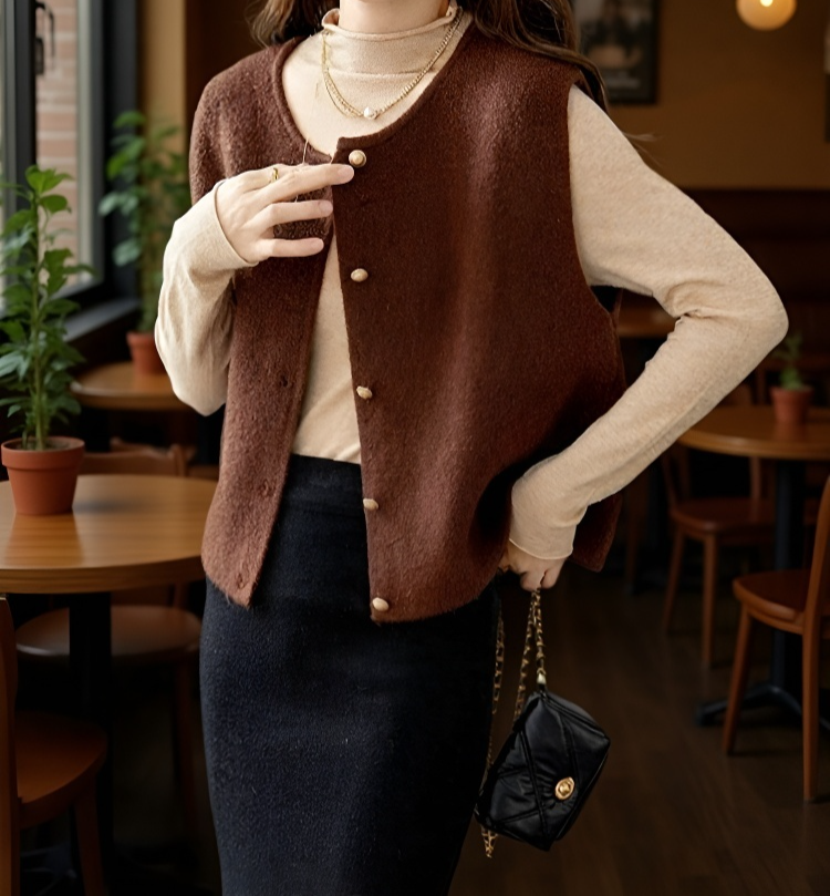 트렌디한 골드 버튼 니트 베스트 착용 샷