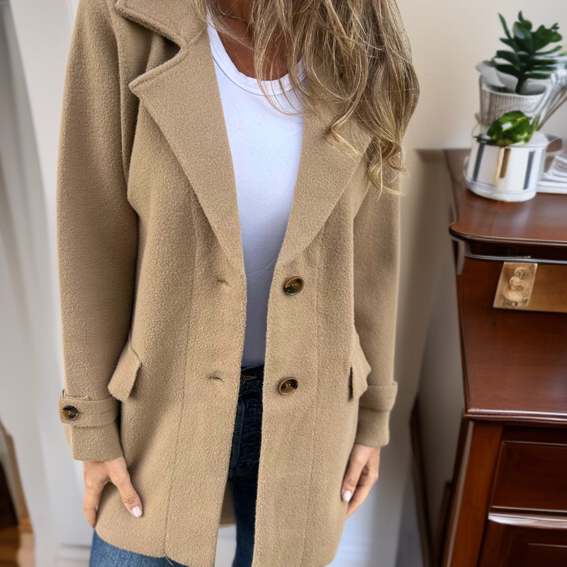 가을겨울 여성 캐주얼 루즈핏 노카라 울 코트 가짜 포켓 오픈 가디건