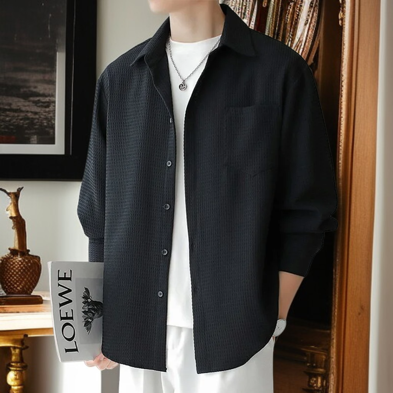 メンズ長袖ワッフルルーズフィットシャツ