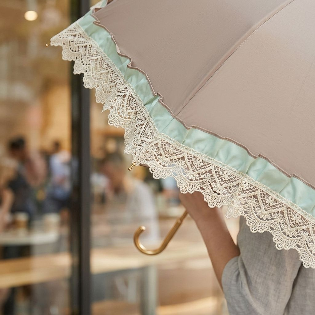 レース飾りの付いた折りたたみ式ゴールドフック付きゴム製日傘