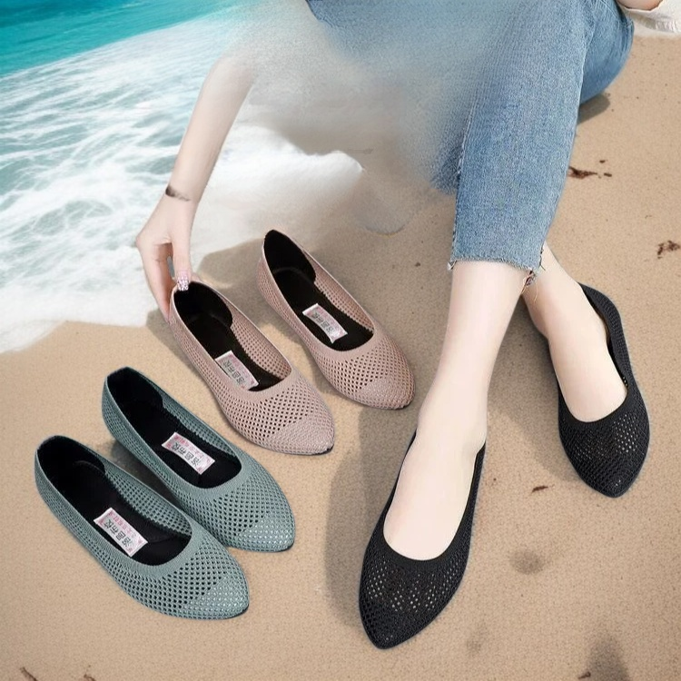 여름 여성 플랫 단화 니트 통기성 펀칭 플랫 단화 솔리드 캐주얼화 컴포트 통기성 단화