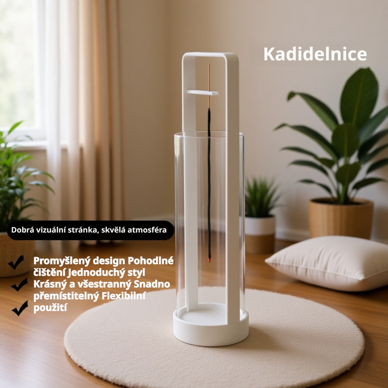 Jógový kadidlový stojan s odnímatelným skleněným kolektorem popela a vonnými tyčinkami