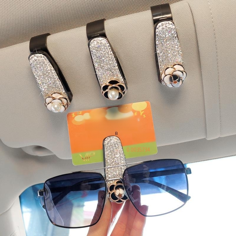 Car sunglasses clip, multi-functional car sunglasses holder, cute rhinestone-studded car sun visor c