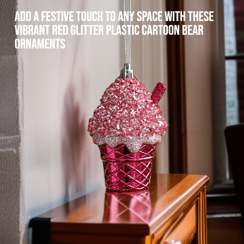 Red Glitter Plastic Cartoon Bear Cake Ornament for Christmas Tree and Window Decoration