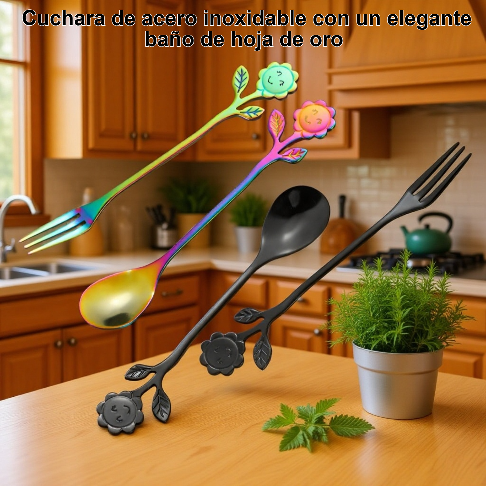 Cuchara de acero inoxidable con hoja de oro Love