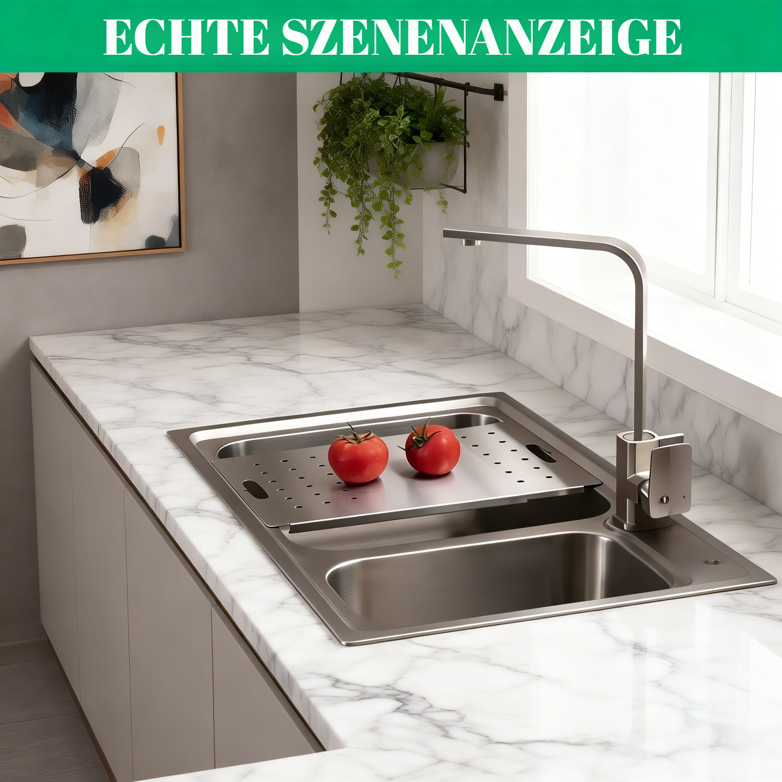 Abtropfgestell mit Schneidebrett und Geschirrablage im Einsatz