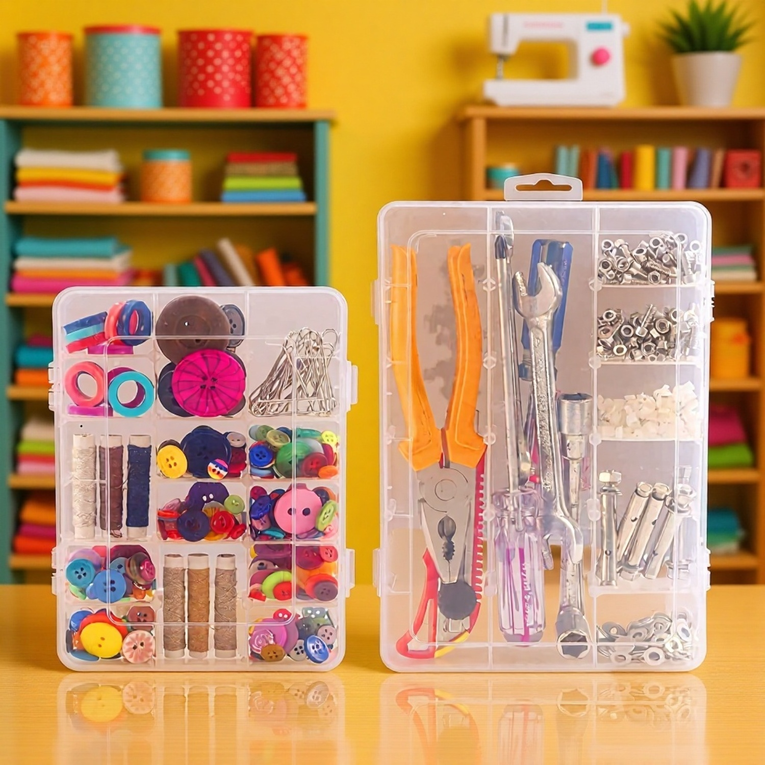 小物を整理した透明収納ボックスの使用例