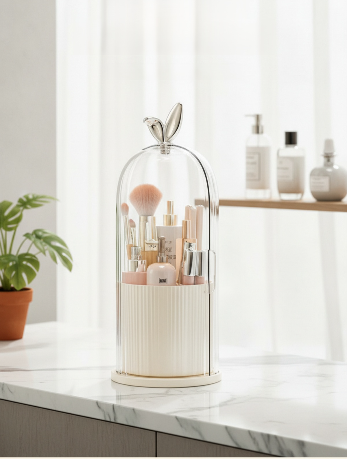 Rotating Dustproof Vanity Makeup Organizer on dressing table