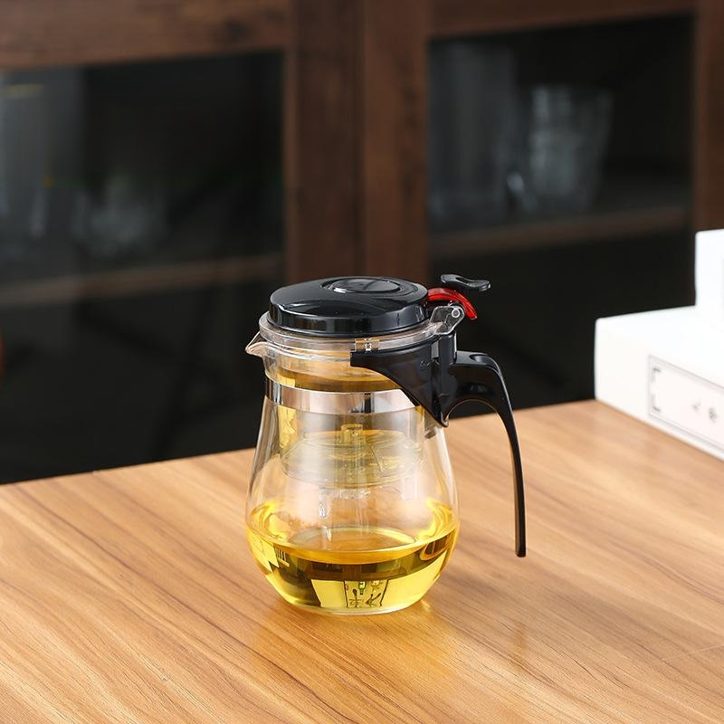 Hitzebeständige und explosionssichere Glasteekanne, Ein-Knopf-Filter, geeignet für Tee und Wasser