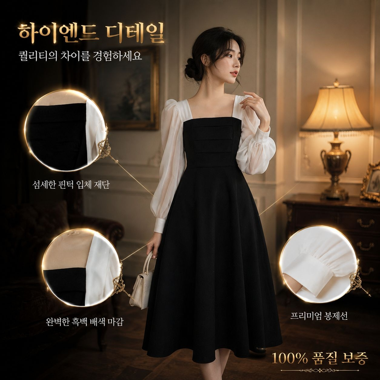 춘추 신상 블랙 네모 옷깃 A라인 원피스
