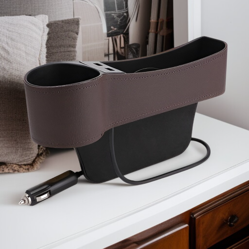 Wielofunkcyjny samochodowy organizer z ładowaniem USB i miejscem na kubek