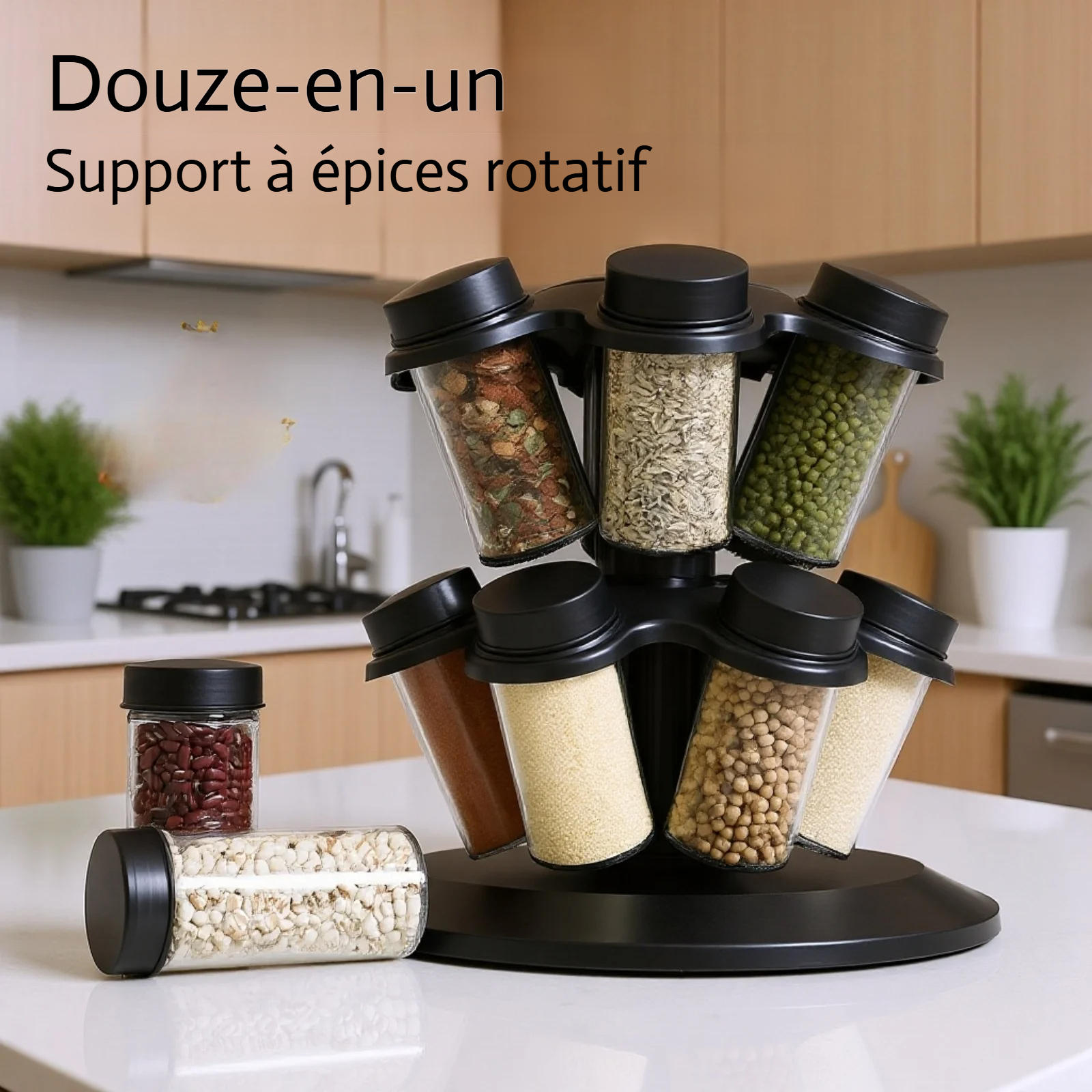 360-degree rotating spice rack on kitchen countertop