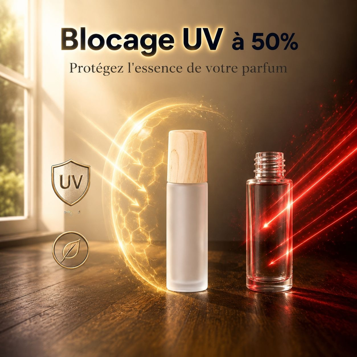 Bouteille à bille en verre givré 1 ml avec couvercle à effet bois