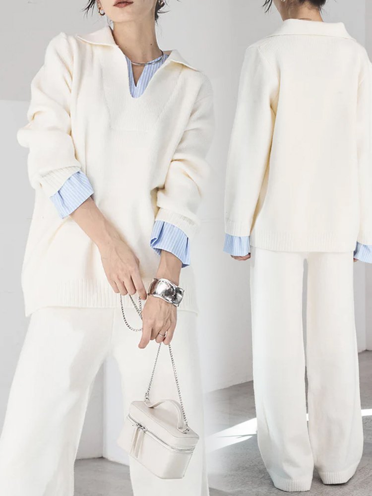 Vネック折襟デザインフェイクレイヤードプルオーバー