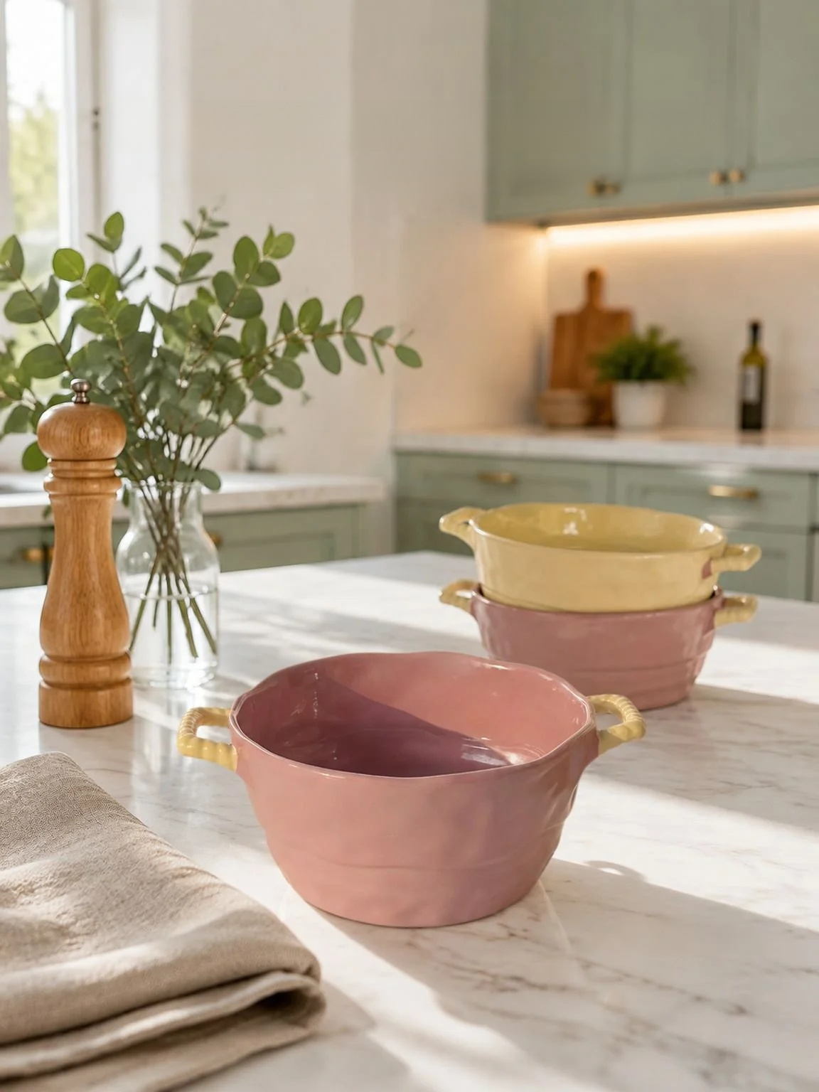 Large ceramic soup and noodle bowl with two handles
