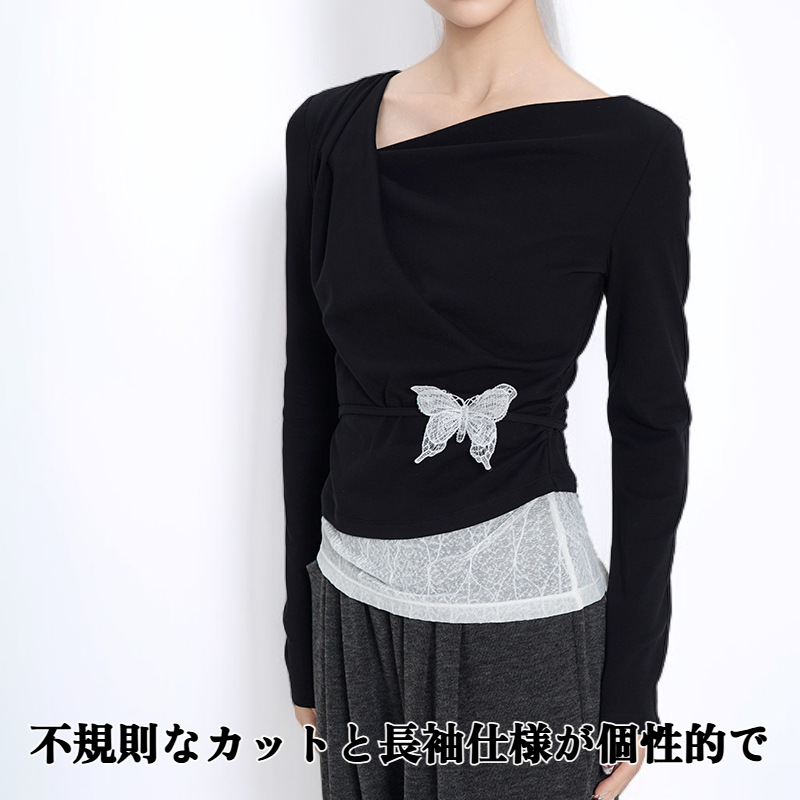 フェイクツーピース風の不規則な長袖トップス