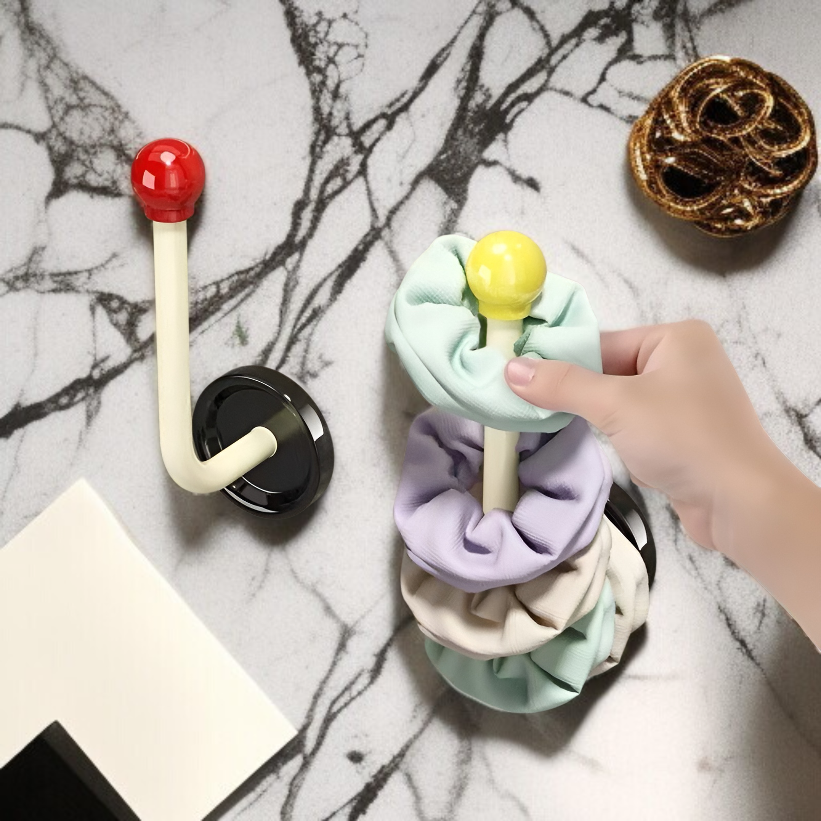 Bathroom wall mounted hair ring and headband storage rack