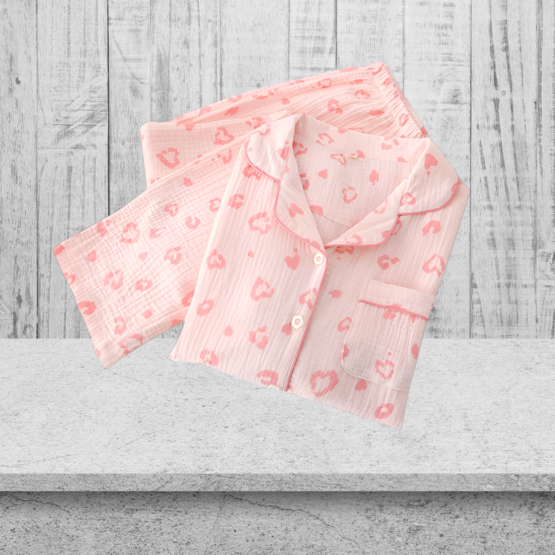 R-秋冬パジャマ純綿クレープレディース長袖ラペルカーディガン小爽やか春秋レディースシアサッカーホームウェアツーピースセット