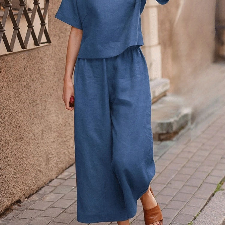 유럽과 미국 스타일 여성용 린넨 캐주얼 루즈핏 솔리드 투피스