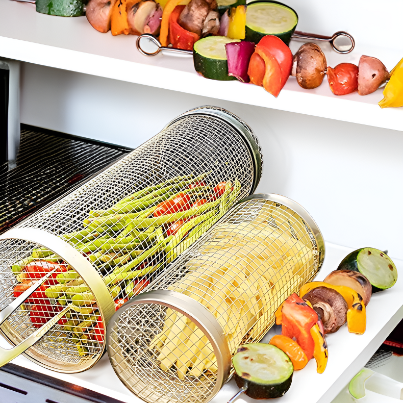 Barbecue extérieur en acier inoxydable, grille ronde rotative à rouleaux