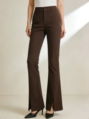 Retro-moderne braune, leicht ausgestellte 9/8-Hose mit Schlitz