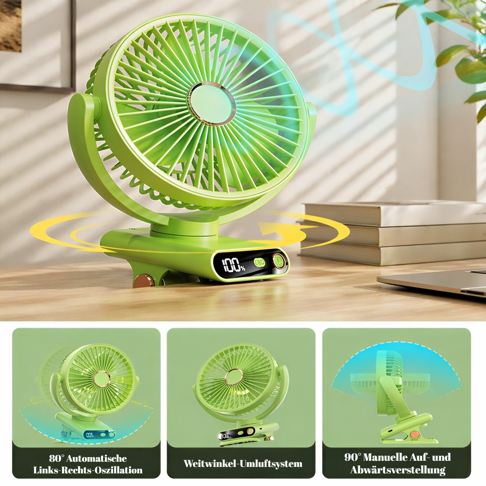 Tischventilator mit automatischer Oszillation, USB-Aufladung, Digitalanzeige, leises Nachtlicht
