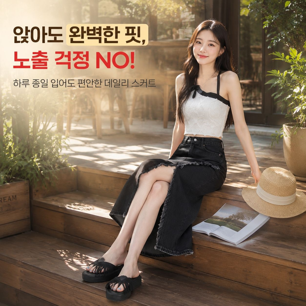 키 작은 여성 하이웨스트 트임 데님 롱스커트 하프스커트