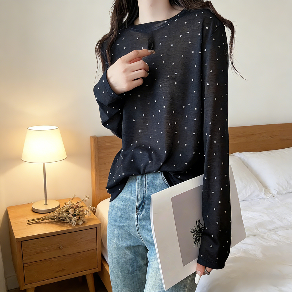 レディースドットテンセルマスクTシャツ長袖インナー