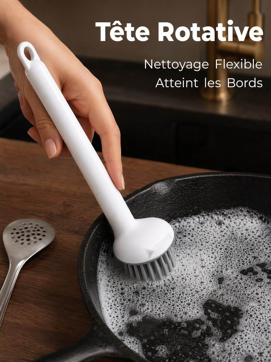 Brosse de casserole rotative 2-en-1