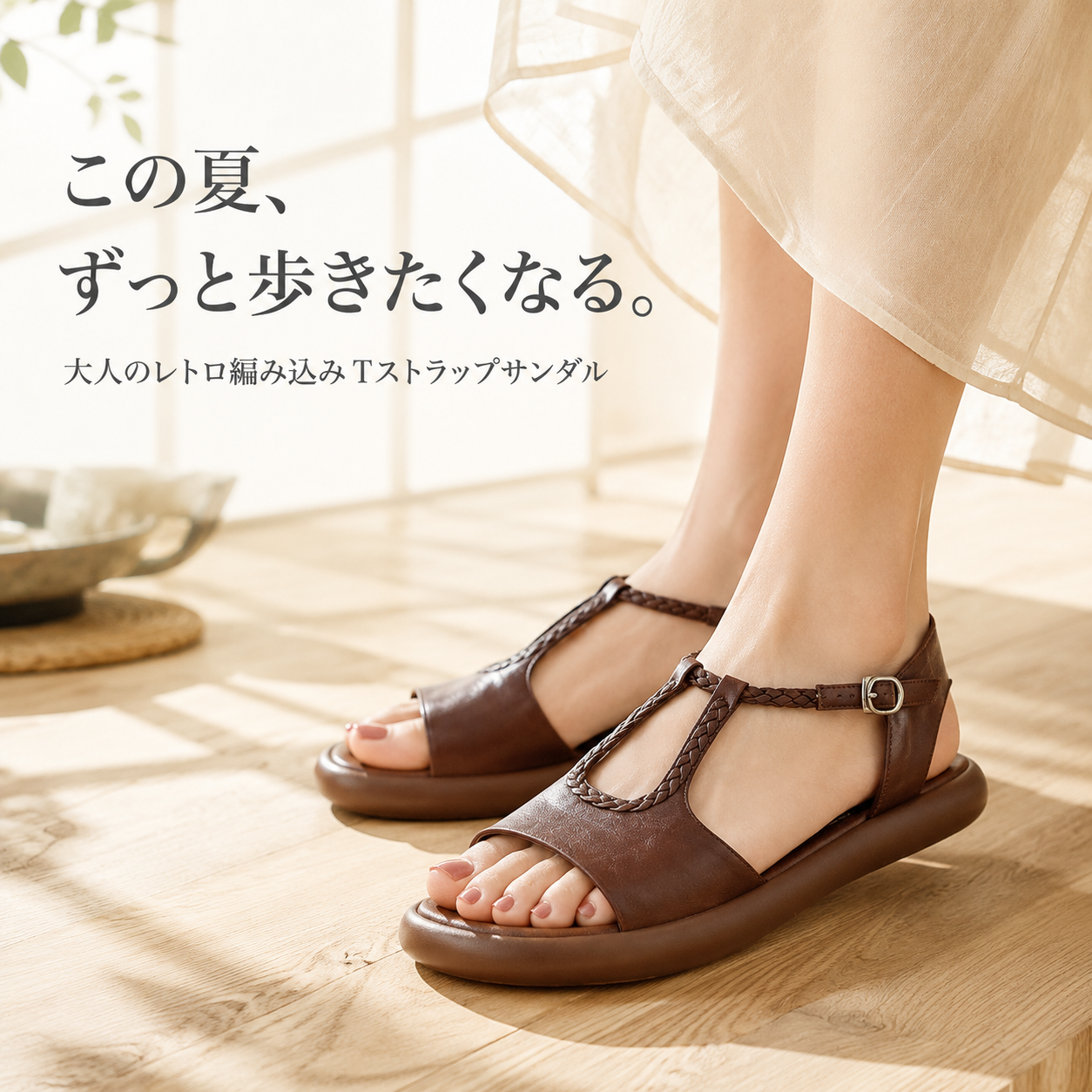 レトロ編み込みレディースサンダル