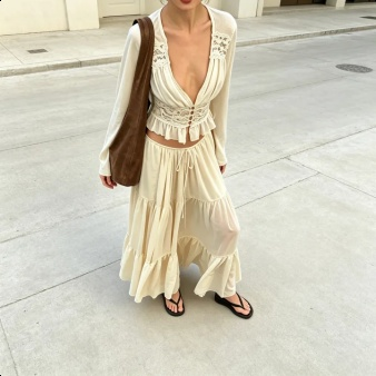 Europäisch-Amerikanisches Chiffon-Spitzen-Cardigan mit Bindegürtel und Maxikleid Damen-Set