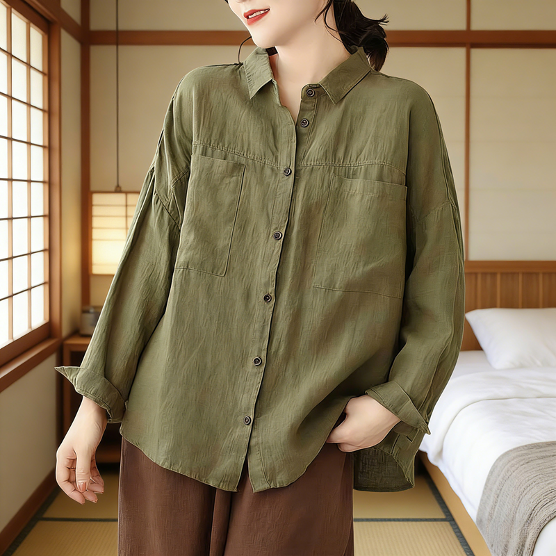 ゆったり大きいサイズ・綿麻長袖カーディガン・無地・文芸シャツ