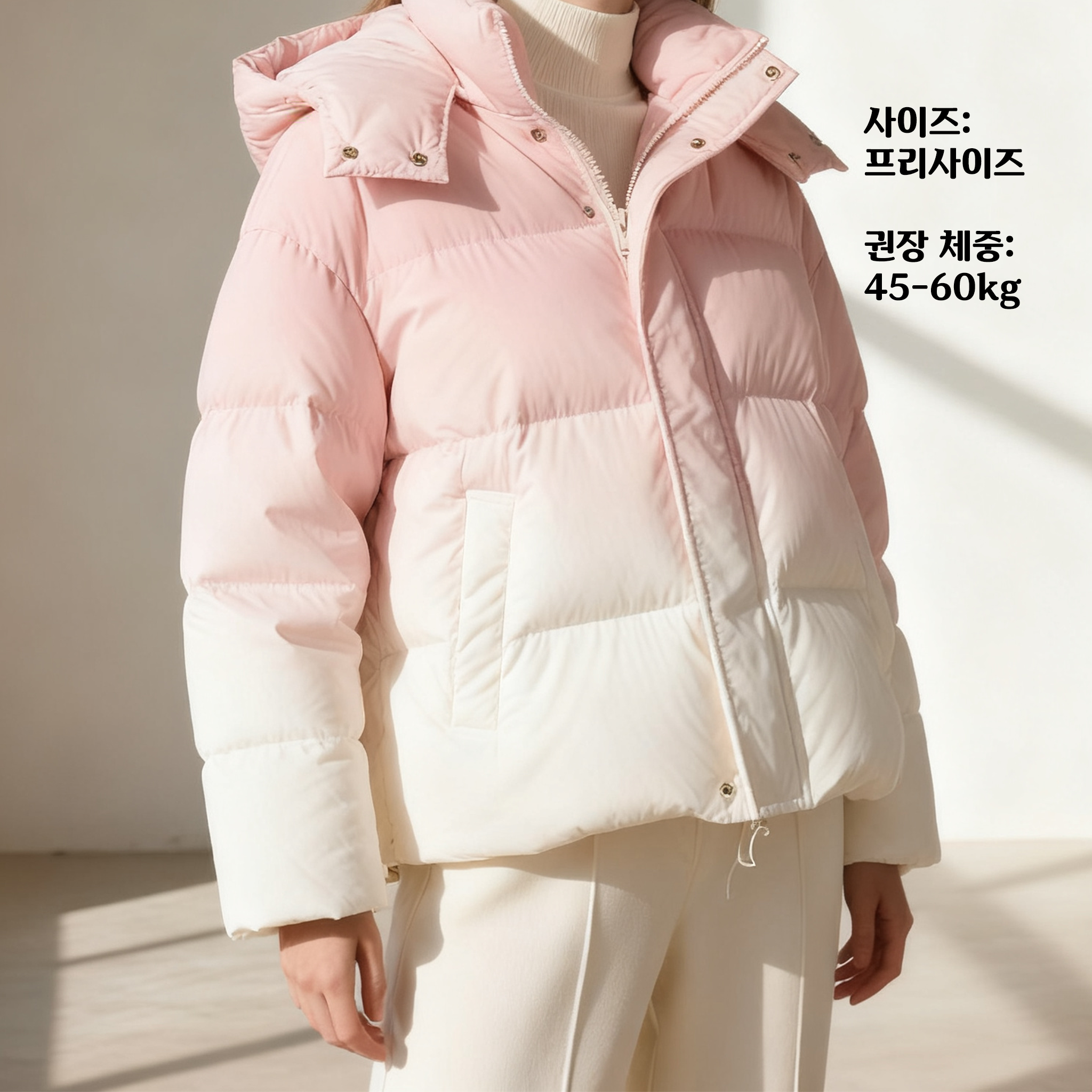 여성용 핑크 화이트 숏 패딩 착용샷
