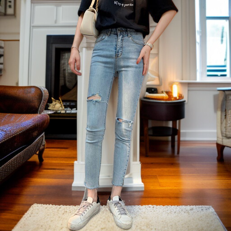 ファッションホールジーンズスリムストレッチタイトペンシルパンツレディースライトカラーレギンス