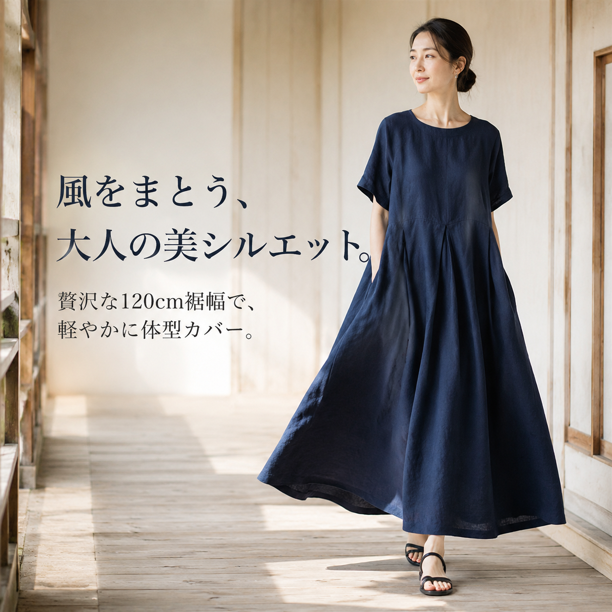 ゆったり大きいサイズのリネンワンピース