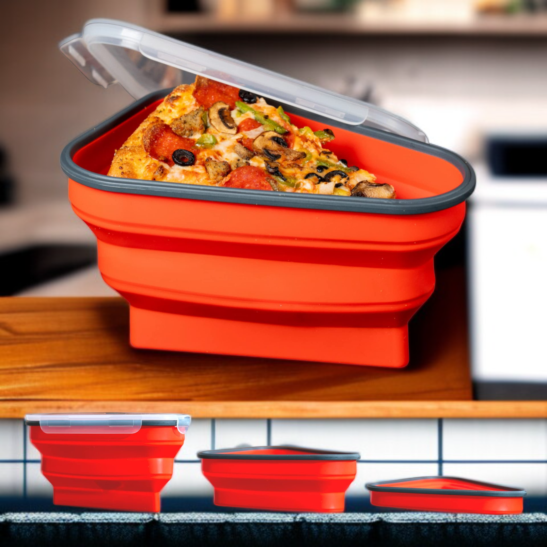 Silikon-Pizzabox geöffnet mit frischer Pizza