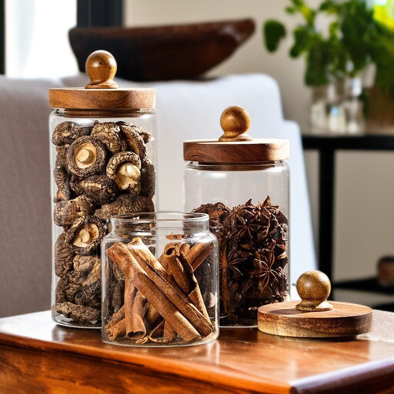 고붕규산 유리 밀폐 용기 중국식 나무 뚜껑 저장병 향신료통